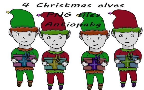 4 Christmas Elves with Presents Illustrations