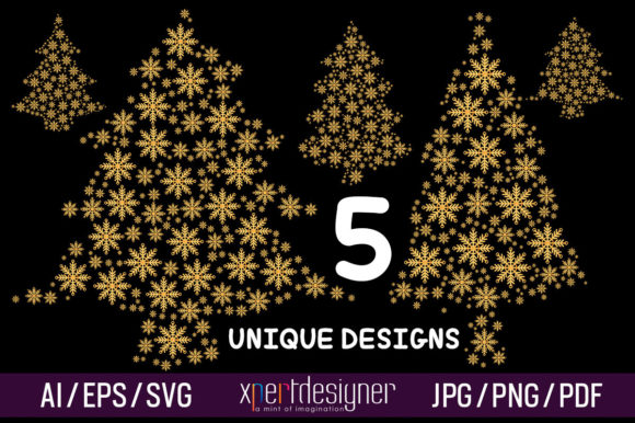 5 Christmas Tree Luxury Golden Designs Illustrations
