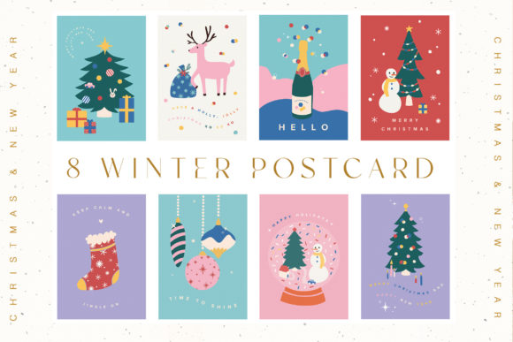 8 Winter Christmas Postcard Set Illustrations