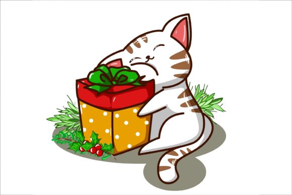 A White Cat Hug the Christmas Present Illustration