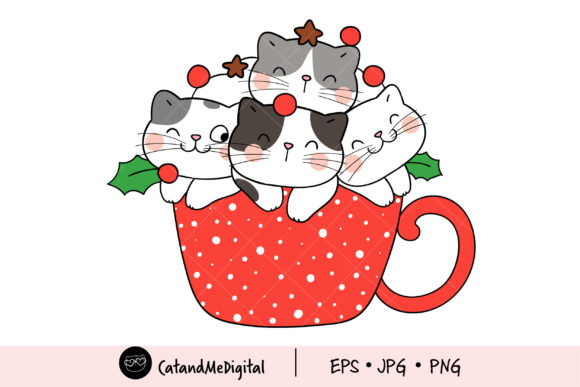 Cat Hot Chocolate Christmas Clipart Illustrations