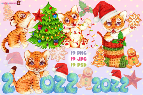 Christmas and New Year Cute Tigers 2022 Illustrations