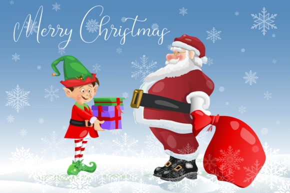 Christmas Card Santa Claus with Elf Illustration Review