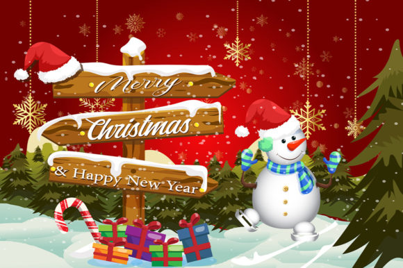 Christmas Red Background Snowman Vector Illustration