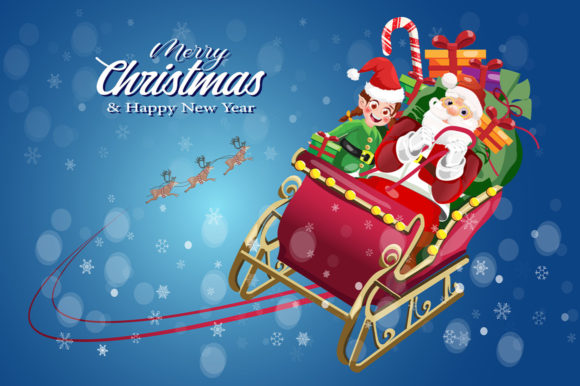 Christmas Santa Sleigh Flying with Elf Illustration Review