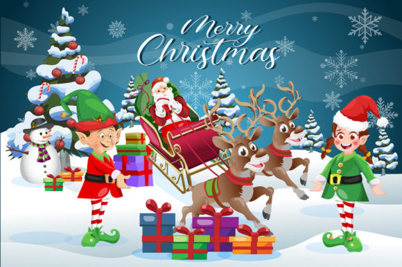 Christmas Scene Elves and Snowman Vector Review