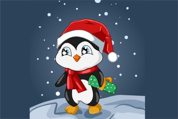 Cute Baby Penguin Wearing Christmas Hat Illustration