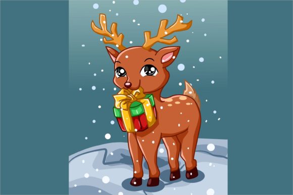 Cute Little Deer Carrying Christmas Gift Illustration