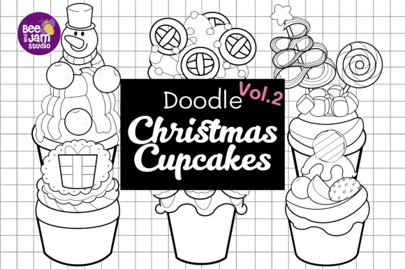 Doodle Christmas Digital Stamp Cupcakes Illustrations