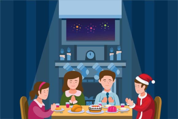 Family Christmas Dinner Cartoon Vector Illustration