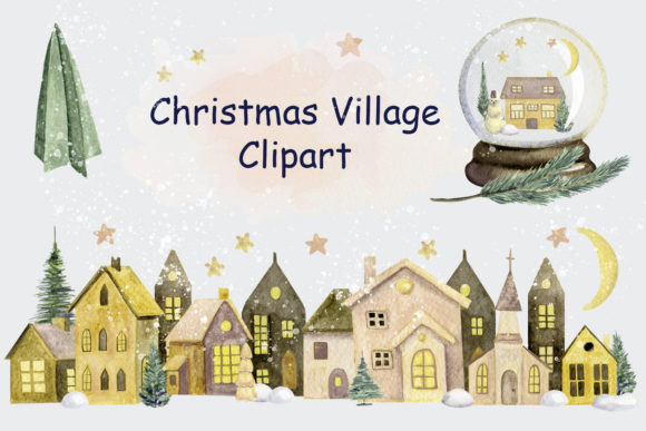 Merry Christmas Watercolor Country House Illustration