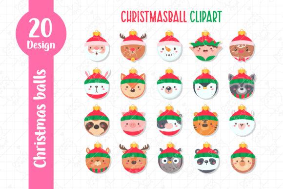 Santa and Animal Christmas Balls Clipart Illustrations