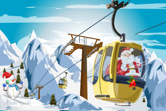 Santa Claus on Ski Lift Christmas Time Illustrations
