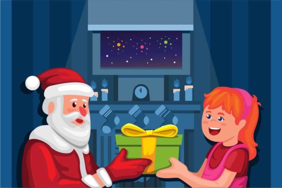 Santa Giving Gift to Girl Illustration