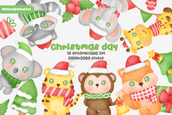 Watercolor Cute Animals Christmas Party Illustrations