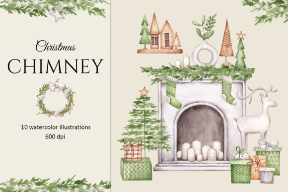 Watercolor Set “Christmas Chimney” for Festive Illustrations